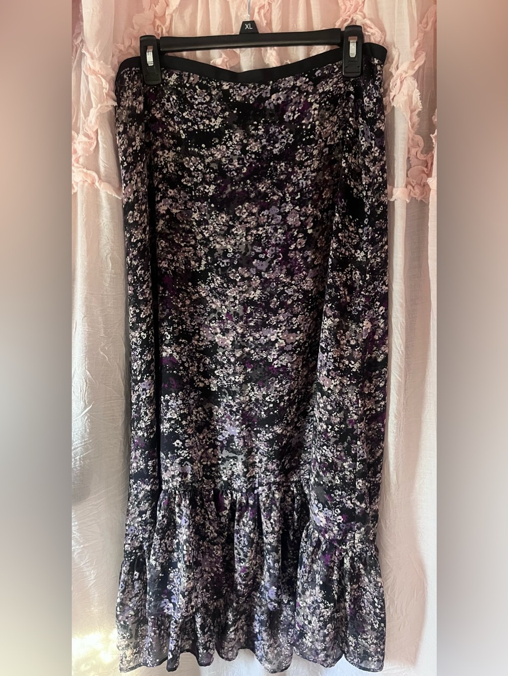 Elle black with purple floral ruffle trim skirt maxi skirt